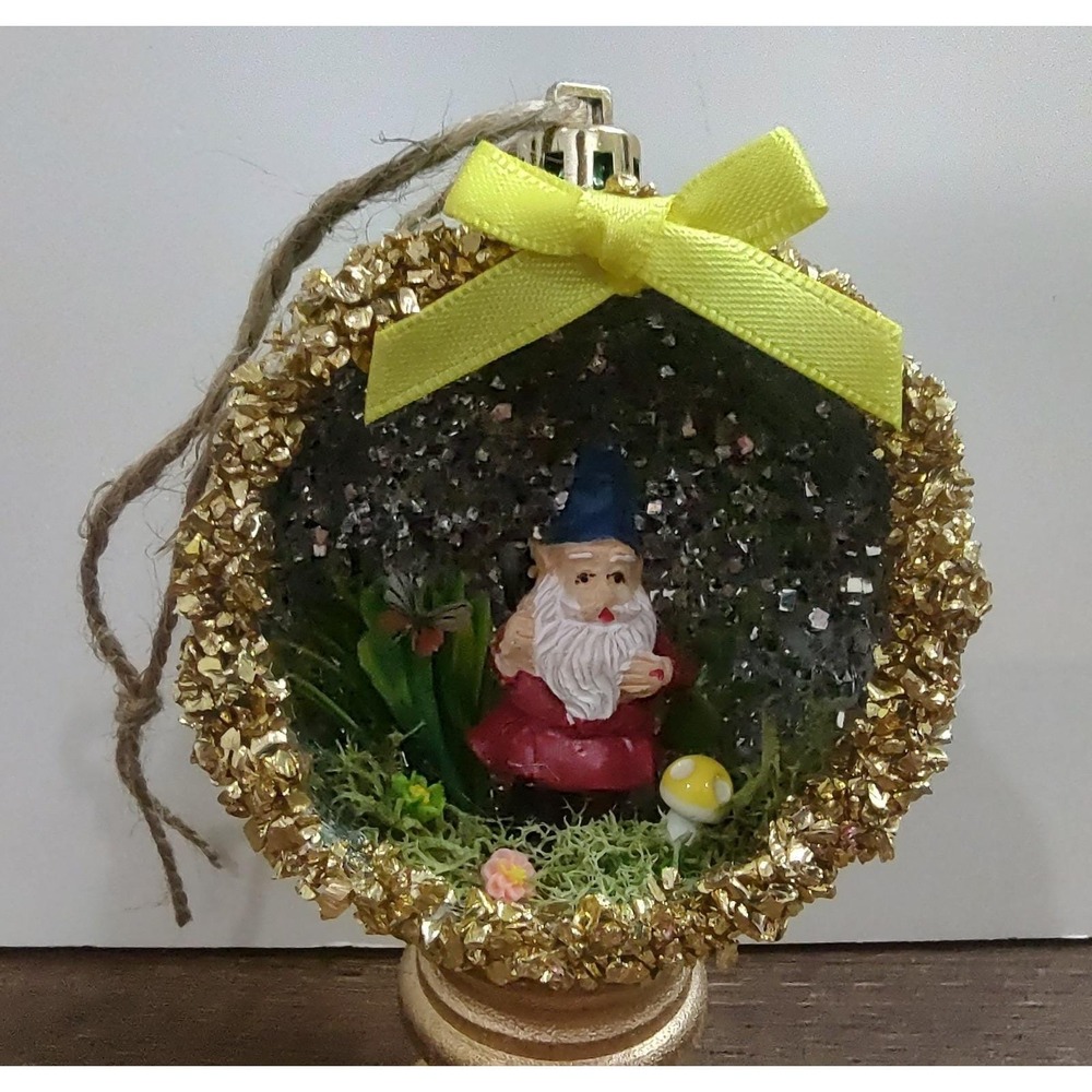 Garden Gnome Christmas Ornament Handmade Shatterproof Diorama Terrarium
